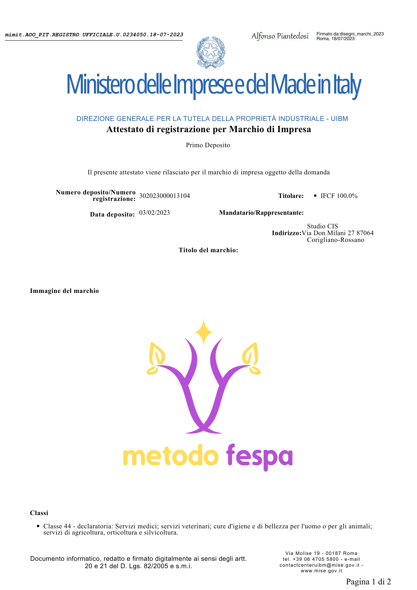 Italian trademark registration certificate for Metodo FESPA (1)